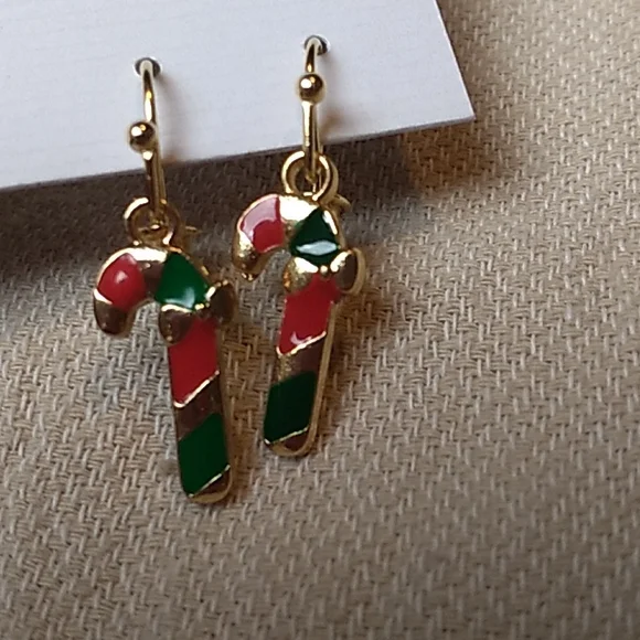 Hypoallergenic Metal Christmas Earrings Candy Cane in Gold, Red & Green - Picture 6 of 7